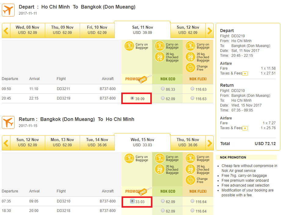 KM Nok Air hành trình HCM - Bangkok khứ hồi siêu rẻ