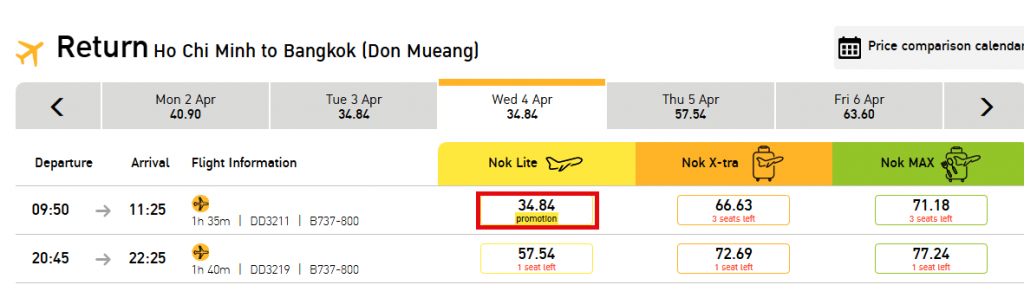 Mẫu giá vé hành trình HCM - Bangkok